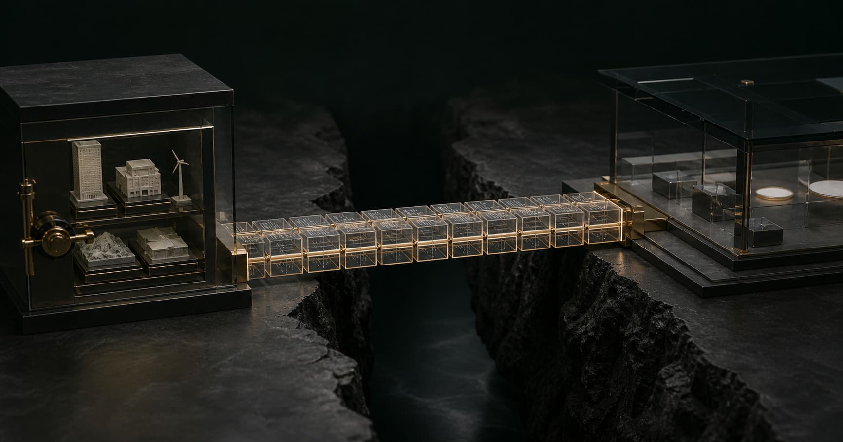 Verified data blocks forming a bridge between a private asset vault and a liquidity platform.