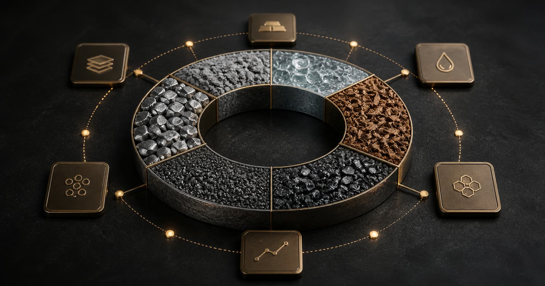 Circular economy material ring connected to verified asset tiles and gold liquidity markers.