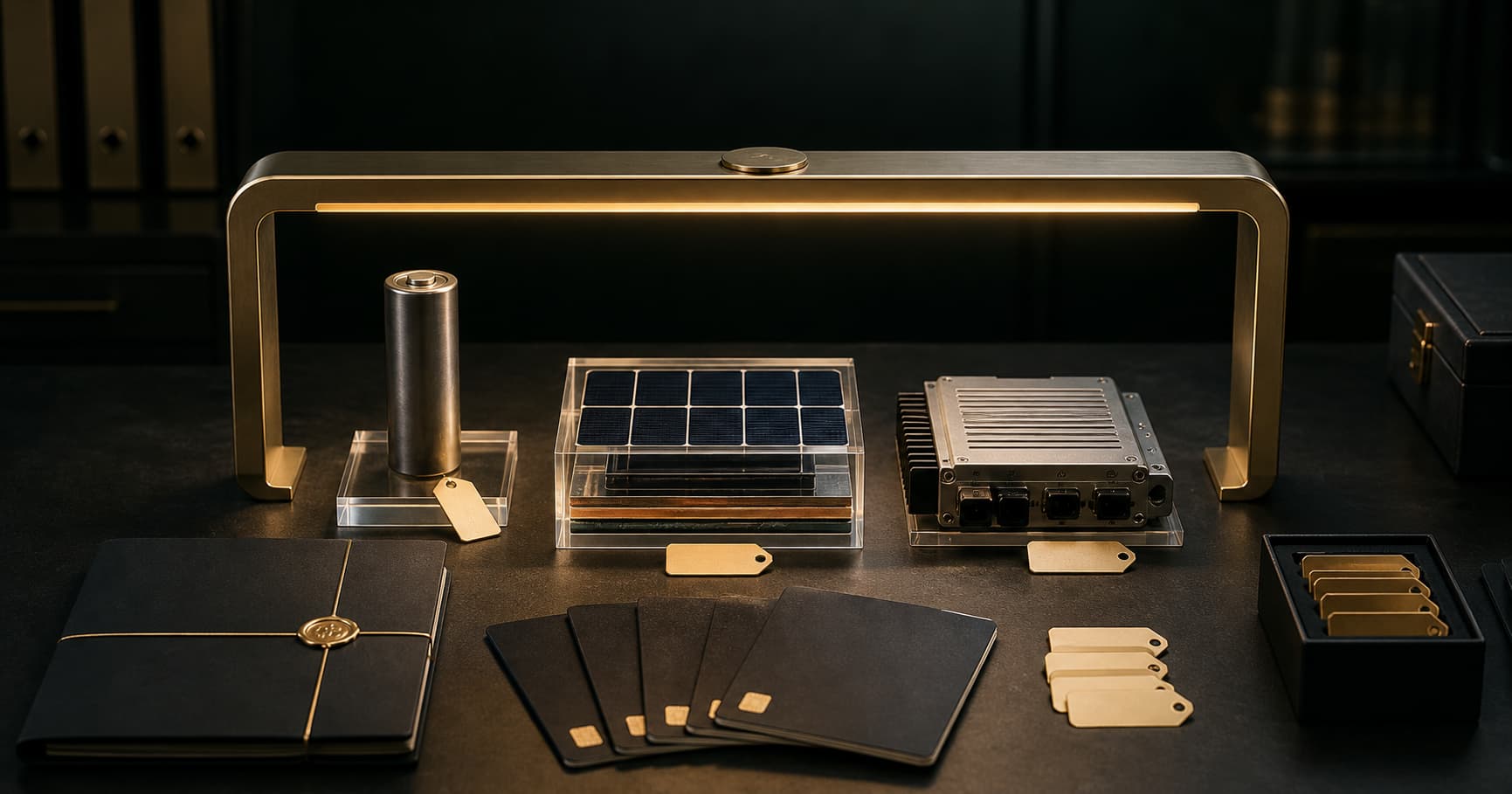Clean energy component samples arranged on a secure compliance review desk.