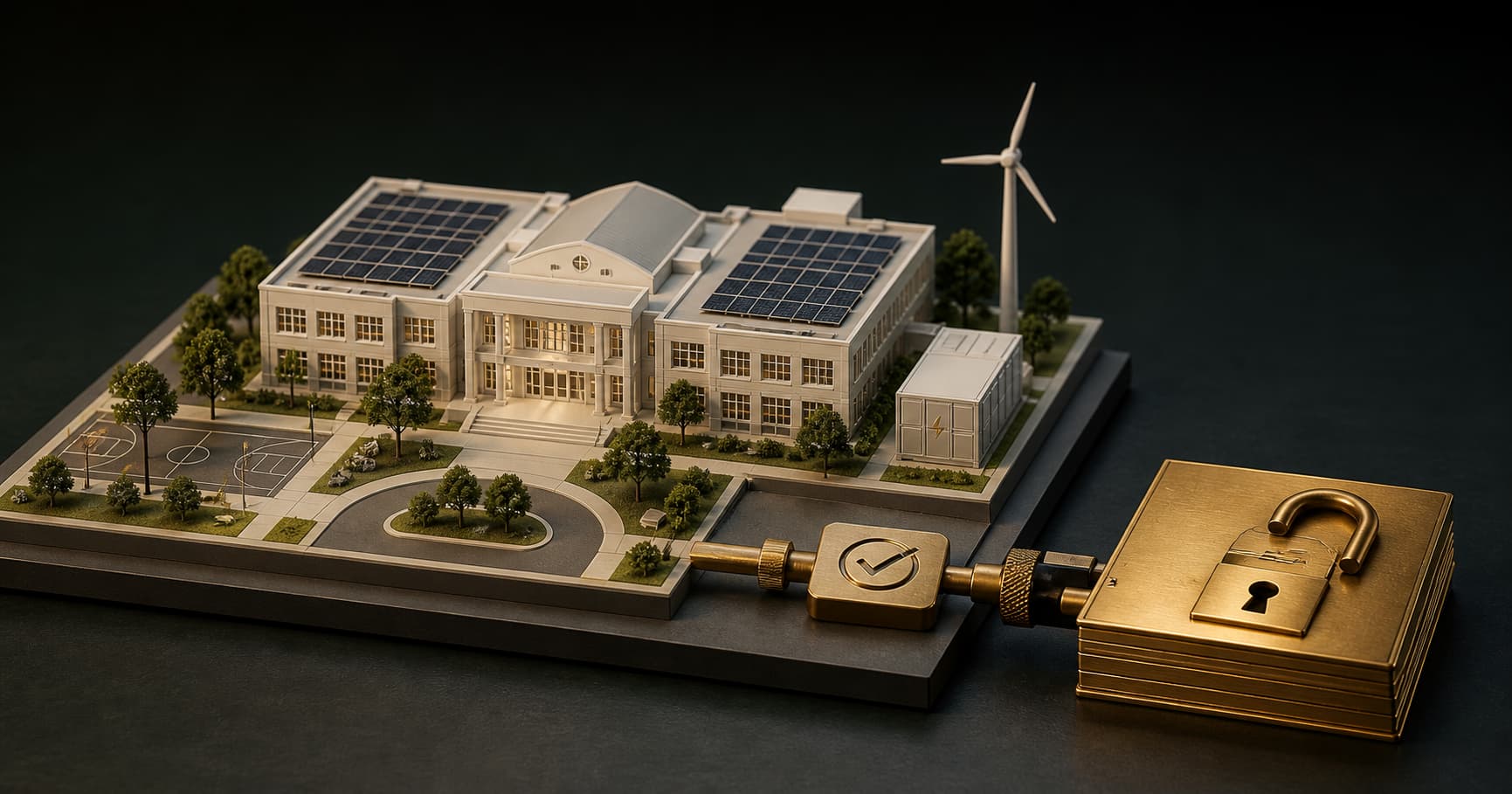 Public building model with rooftop solar connected to a gold clean-energy tax credit asset.