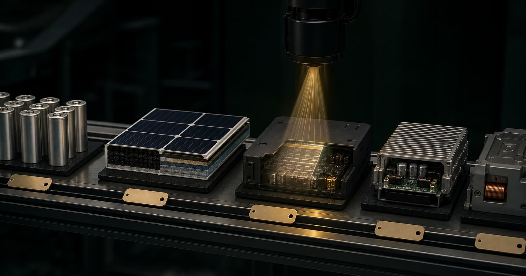 Clean energy components moving through a traceability inspection rail with one blind spot being scanned.