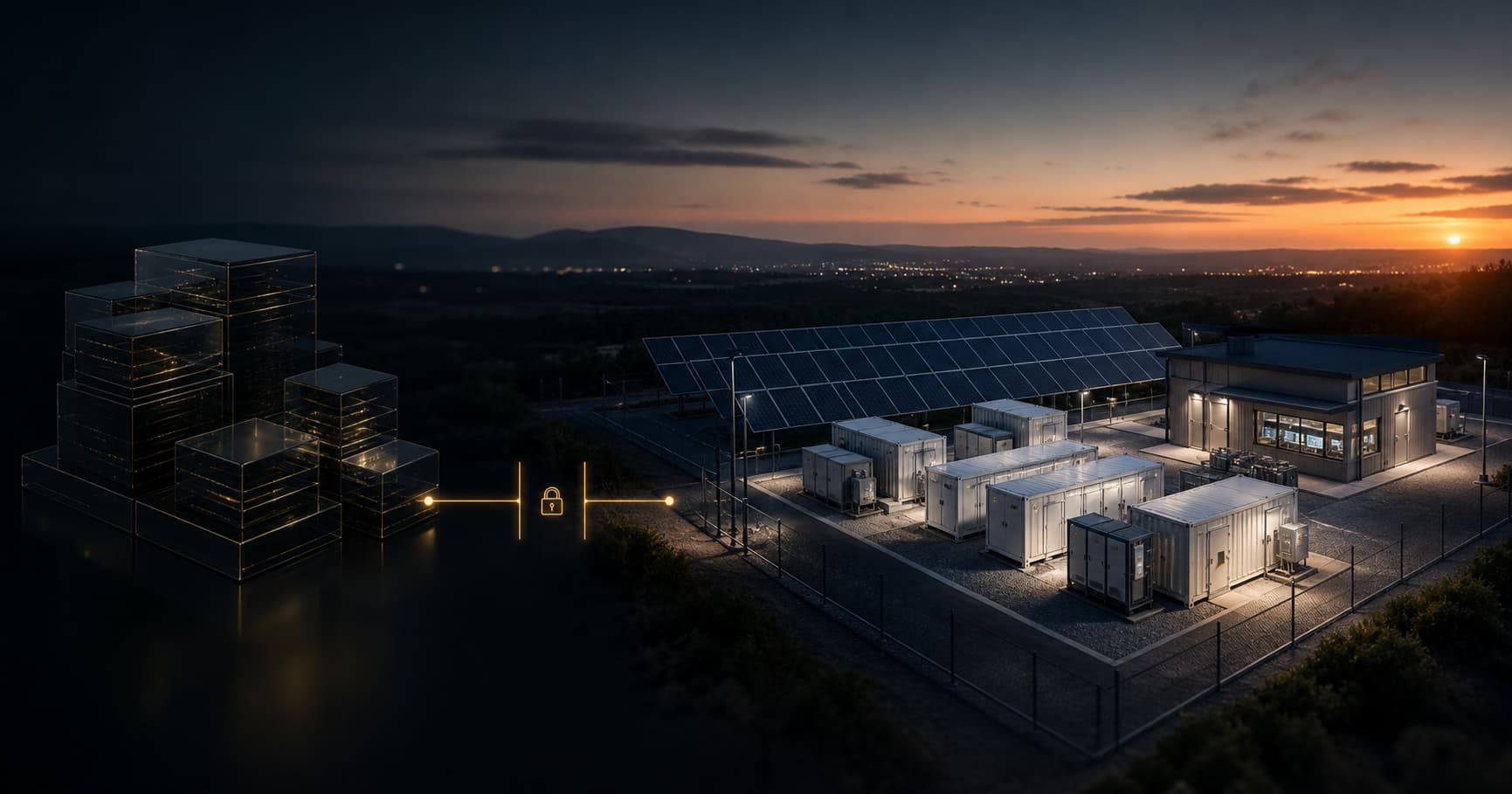 Microgrid project site with solar panels, battery storage, and a financing checkpoint.